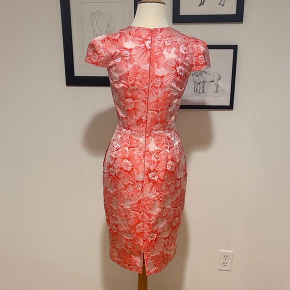 Carmen Marc Valvo Coral Pink Floral Jacquard Midi Dress - Picture 5 of 6